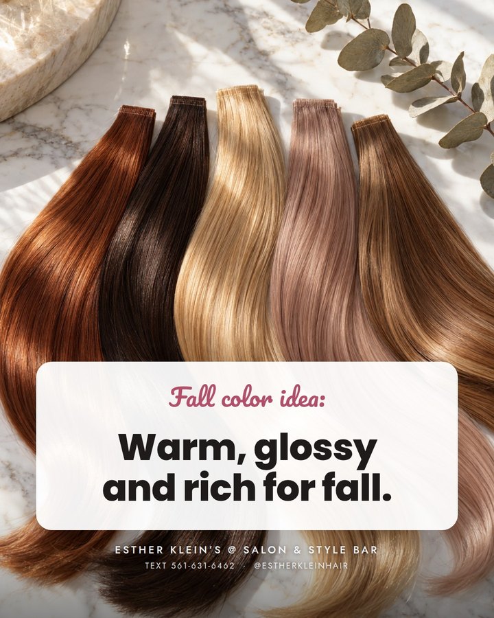 Hair color swatches in fall shades: copper, espresso brunette, honey blonde, rosy beige and caramel. Fall color idea: warm, glossy and rich for fall.