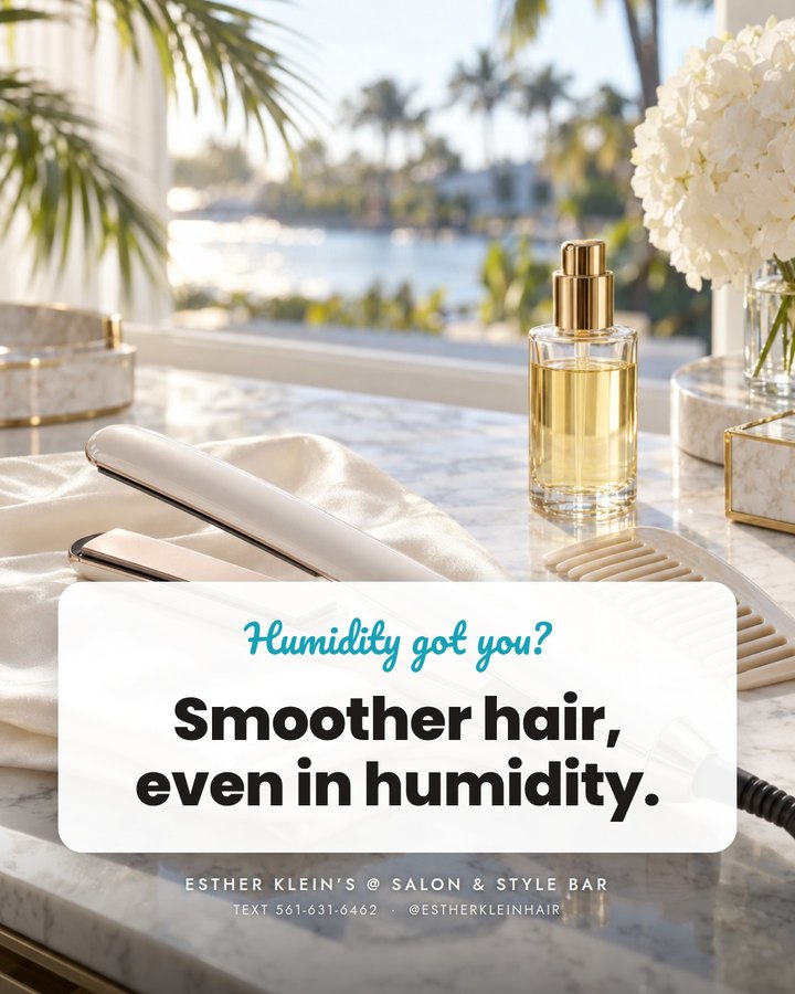 A flat iron on a silk scarf with a serum bottle. Humidity got you? Smoother hair, even in humidity, with a keratin smoothing treatment.